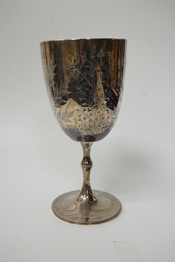 A Victorian engraved silver goblet, by Thomas Smily, London, 1872, 17.6cm, 6oz (a.f.). Condition - poor